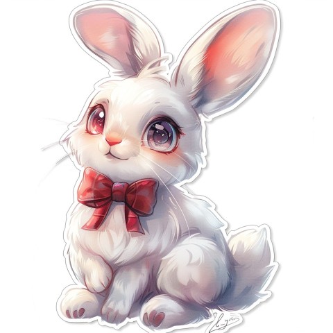 Cute Kawaii Stickers Shy Rabbit with Long Ears and Bow Tie on White Background (194)