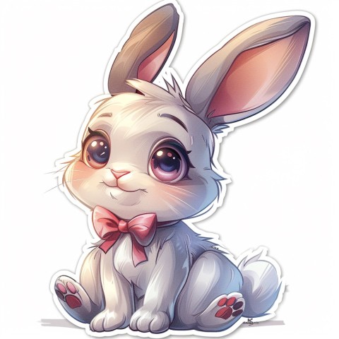 Cute Kawaii Stickers Shy Rabbit with Long Ears and Bow Tie on White Background (199)