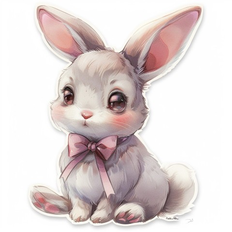 Cute Kawaii Stickers Shy Rabbit with Long Ears and Bow Tie on White Background (216)