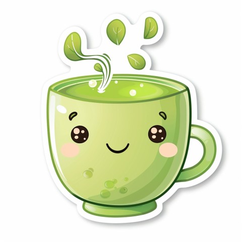 Cute Kawaii Stickers Smiling Teacup with Green Tea and Cute Steam Shapes on White Background (10)