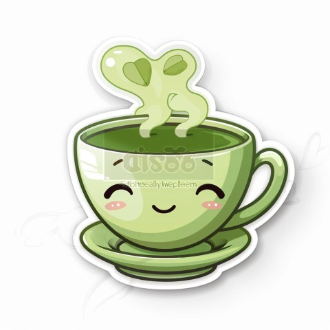 Cute Kawaii Stickers Smiling Teacup with Green Tea and Cute Steam Shapes on White Background (8)