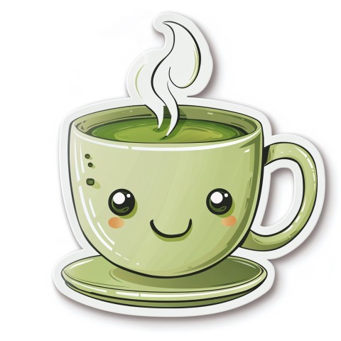 Cute Kawaii Stickers Smiling Teacup with Green Tea and Cute Steam Shapes on White Background (6)