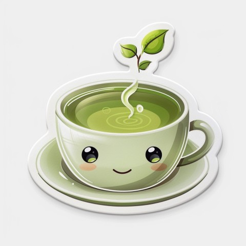 Cute Kawaii Stickers Smiling Teacup with Green Tea and Cute Steam Shapes on White Background (9)