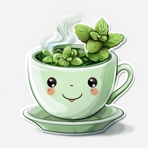 Cute Kawaii Stickers Smiling Teacup with Green Tea and Cute Steam Shapes on White Background (18)