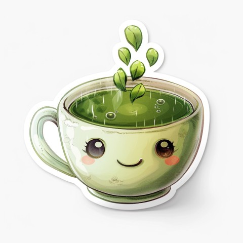 Cute Kawaii Stickers Smiling Teacup with Green Tea and Cute Steam Shapes on White Background (1)