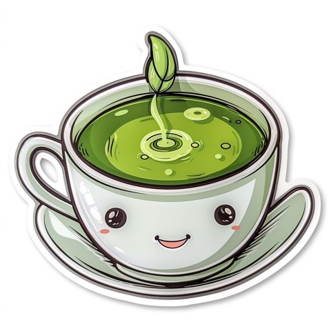 Cute Kawaii Stickers Smiling Teacup with Green Tea and Cute Steam Shapes on White Background (12)