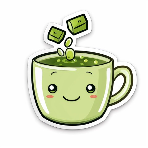 Cute Kawaii Stickers Smiling Teacup with Green Tea and Cute Steam Shapes on White Background (24)