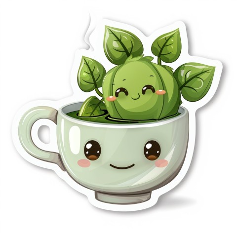 Cute Kawaii Stickers Smiling Teacup with Green Tea and Cute Steam Shapes on White Background (22)