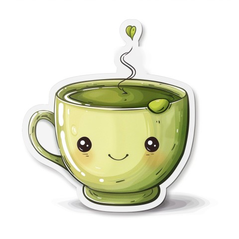 Cute Kawaii Stickers Smiling Teacup with Green Tea and Cute Steam Shapes on White Background (35)