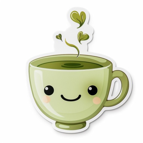 Cute Kawaii Stickers Smiling Teacup with Green Tea and Cute Steam Shapes on White Background (27)