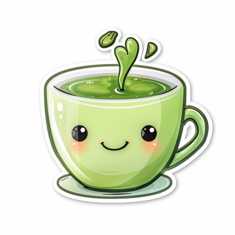 Cute Kawaii Stickers Smiling Teacup with Green Tea and Cute Steam Shapes on White Background (34)