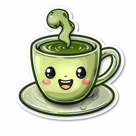 Cute Kawaii Stickers Smiling Teacup with Green Tea and Cute Steam Shapes on White Background (28)