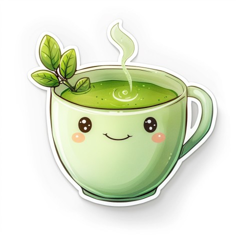 Cute Kawaii Stickers Smiling Teacup with Green Tea and Cute Steam Shapes on White Background (29)