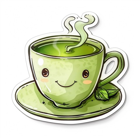 Cute Kawaii Stickers Smiling Teacup with Green Tea and Cute Steam Shapes on White Background (39)