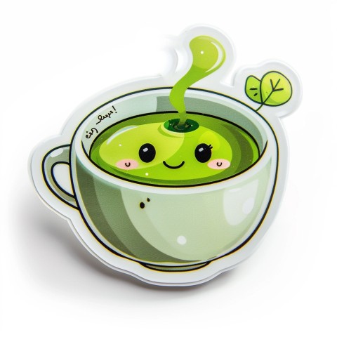 Cute Kawaii Stickers Smiling Teacup with Green Tea and Cute Steam Shapes on White Background (21)