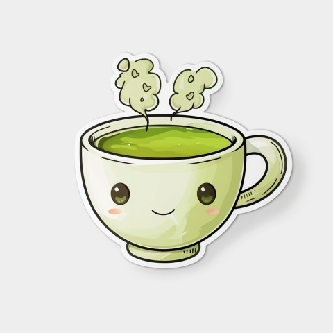 Cute Kawaii Stickers Smiling Teacup with Green Tea and Cute Steam Shapes on White Background (44)