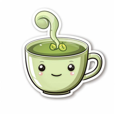 Cute Kawaii Stickers Smiling Teacup with Green Tea and Cute Steam Shapes on White Background (52)