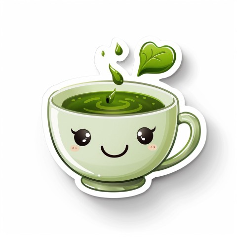 Cute Kawaii Stickers Smiling Teacup with Green Tea and Cute Steam Shapes on White Background (54)