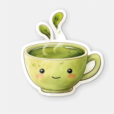 Cute Kawaii Stickers Smiling Teacup with Green Tea and Cute Steam Shapes on White Background (43)