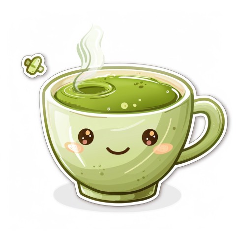 Cute Kawaii Stickers Smiling Teacup with Green Tea and Cute Steam Shapes on White Background (42)