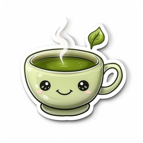 Cute Kawaii Stickers Smiling Teacup with Green Tea and Cute Steam Shapes on White Background (50)