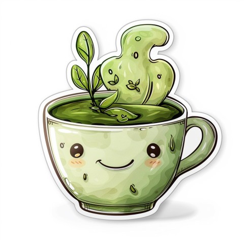 Cute Kawaii Stickers Smiling Teacup with Green Tea and Cute Steam Shapes on White Background (57)