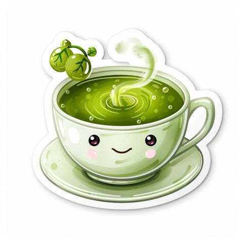 Cute Kawaii Stickers Smiling Teacup with Green Tea and Cute Steam Shapes on White Background (47)