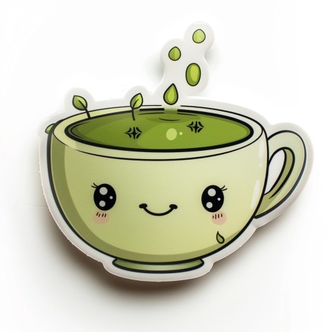 Cute Kawaii Stickers Smiling Teacup with Green Tea and Cute Steam Shapes on White Background (59)