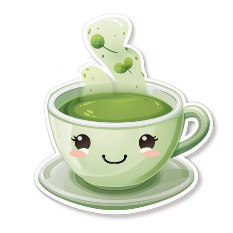 Cute Kawaii Stickers Smiling Teacup with Green Tea and Cute Steam Shapes on White Background (61)