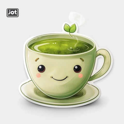 Cute Kawaii Stickers Smiling Teacup with Green Tea and Cute Steam Shapes on White Background (71)