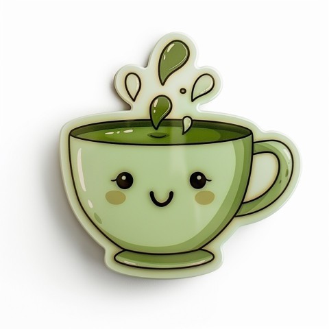 Cute Kawaii Stickers Smiling Teacup with Green Tea and Cute Steam Shapes on White Background (63)