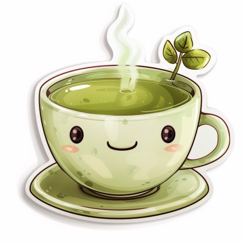 Cute Kawaii Stickers Smiling Teacup with Green Tea and Cute Steam Shapes on White Background (69)