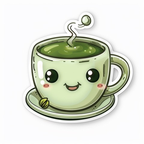 Cute Kawaii Stickers Smiling Teacup with Green Tea and Cute Steam Shapes on White Background (73)