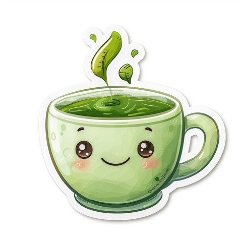 Cute Kawaii Stickers Smiling Teacup with Green Tea and Cute Steam Shapes on White Background (70)