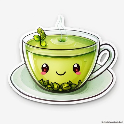 Cute Kawaii Stickers Smiling Teacup with Green Tea and Cute Steam Shapes on White Background (79)