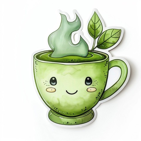 Cute Kawaii Stickers Smiling Teacup with Green Tea and Cute Steam Shapes on White Background (66)