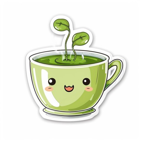 Cute Kawaii Stickers Smiling Teacup with Green Tea and Cute Steam Shapes on White Background (98)