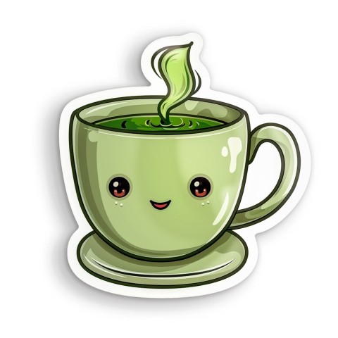 Cute Kawaii Stickers Smiling Teacup with Green Tea and Cute Steam Shapes on White Background (84)