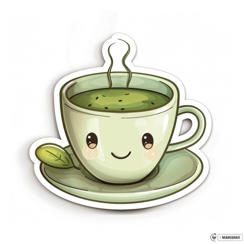 Cute Kawaii Stickers Smiling Teacup with Green Tea and Cute Steam Shapes on White Background (96)