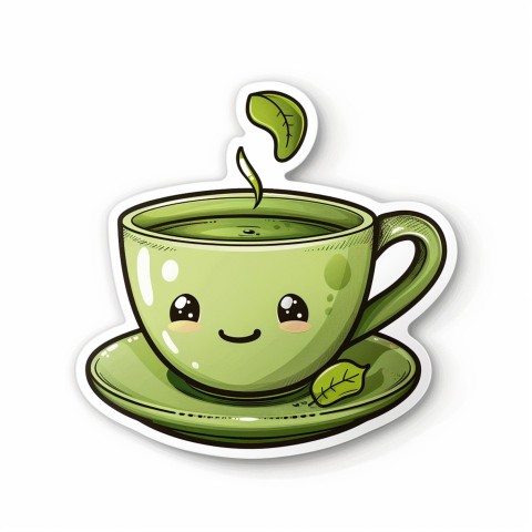 Cute Kawaii Stickers Smiling Teacup with Green Tea and Cute Steam Shapes on White Background (90)