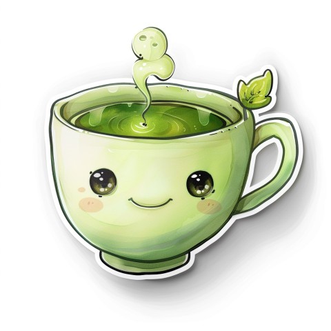 Cute Kawaii Stickers Smiling Teacup with Green Tea and Cute Steam Shapes on White Background (99)