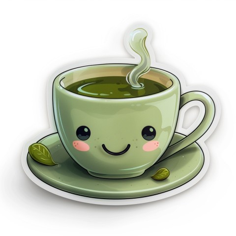 Cute Kawaii Stickers Smiling Teacup with Green Tea and Cute Steam Shapes on White Background (94)