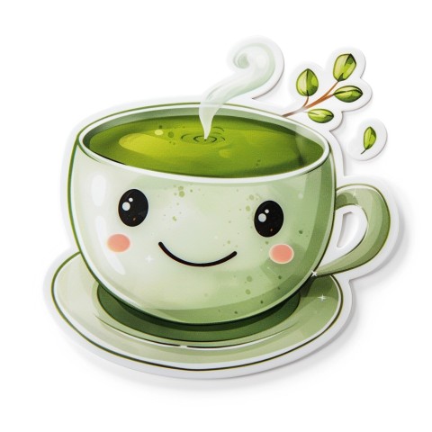 Cute Kawaii Stickers Smiling Teacup with Green Tea and Cute Steam Shapes on White Background (97)