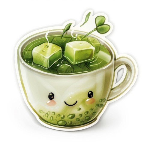 Cute Kawaii Stickers Smiling Teacup with Green Tea and Cute Steam Shapes on White Background (82)