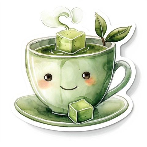 Cute Kawaii Stickers Smiling Teacup with Green Tea and Cute Steam Shapes on White Background (85)