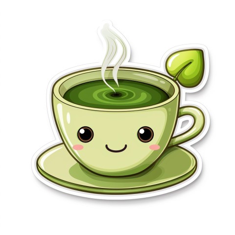 Cute Kawaii Stickers Smiling Teacup with Green Tea and Cute Steam Shapes on White Background (110)