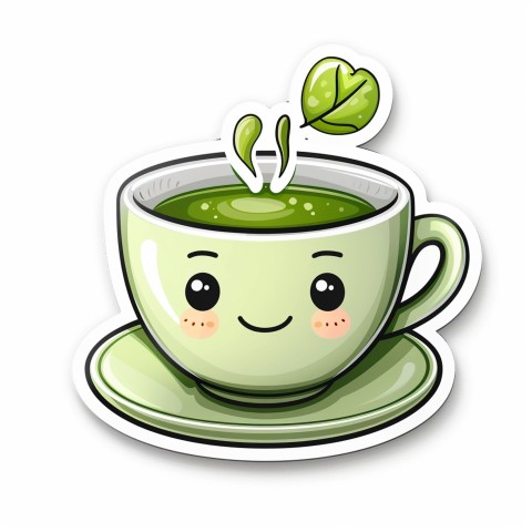 Cute Kawaii Stickers Smiling Teacup with Green Tea and Cute Steam Shapes on White Background (101)