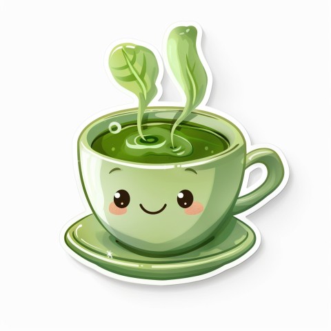 Cute Kawaii Stickers Smiling Teacup with Green Tea and Cute Steam Shapes on White Background (118)