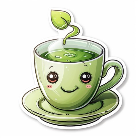 Cute Kawaii Stickers Smiling Teacup with Green Tea and Cute Steam Shapes on White Background (114)