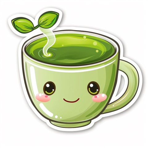 Cute Kawaii Stickers Smiling Teacup with Green Tea and Cute Steam Shapes on White Background (107)